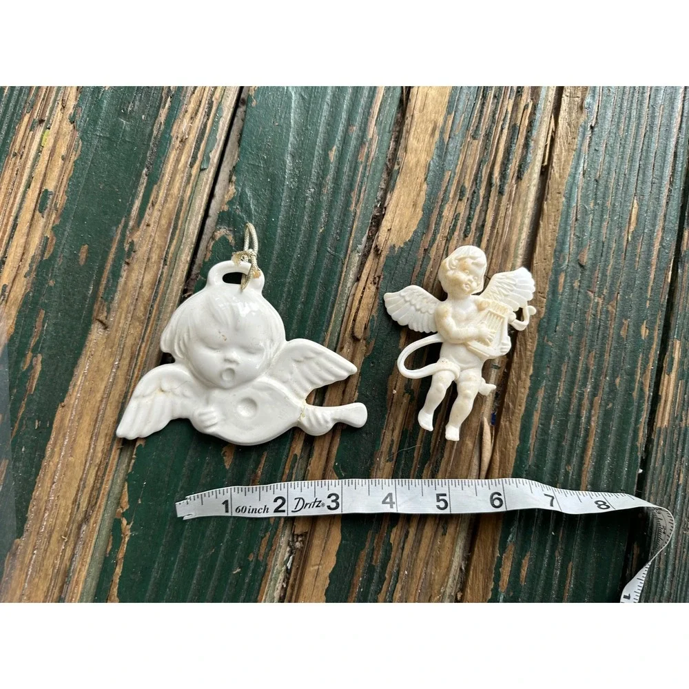 Vintage White Angel Cherub Ornaments Set of 2 Hong Kong Plastic Ceramic Angel